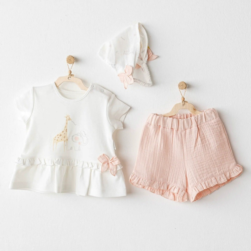 Ensemble 3 pièces d'été pour bébé fille Andywawa : t-shirt, short et chapeau – Rose
