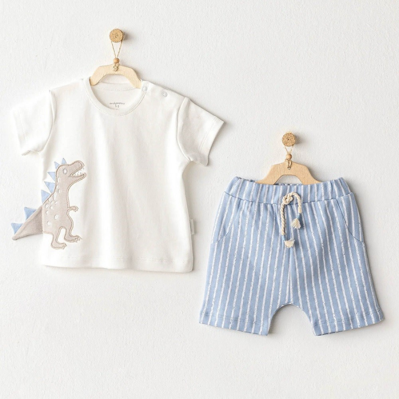 Andywawa Lot de 2 t-shirts et shorts d'été à manches courtes pour bébé garçon -dinosaure - Bleu