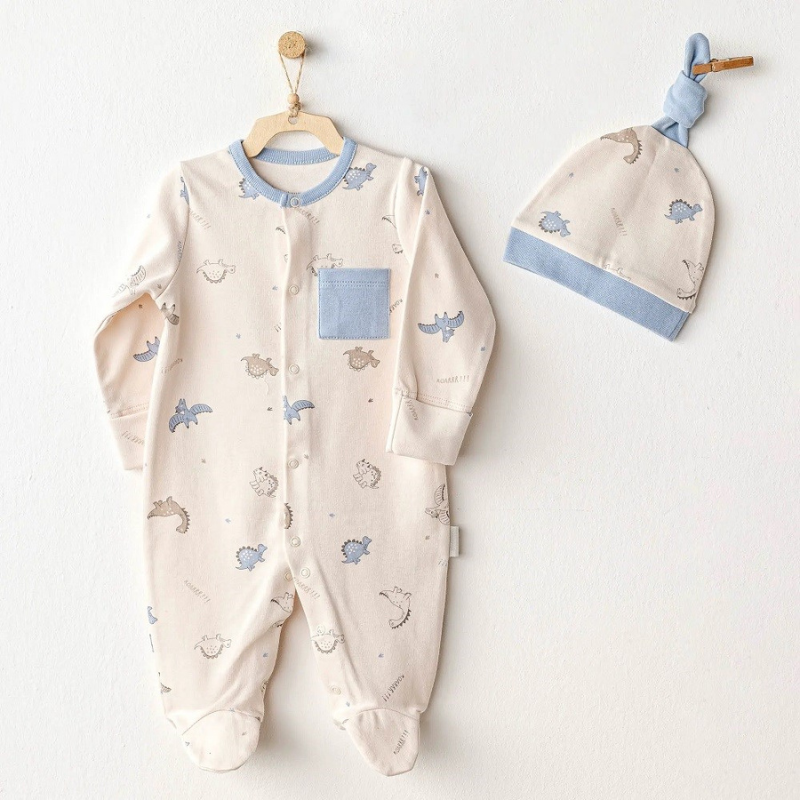 Andywawa Ensemble 2 pièces barboteuse, chapeau et combinaison d'été pour bébé garçon - Bleu dinosaure