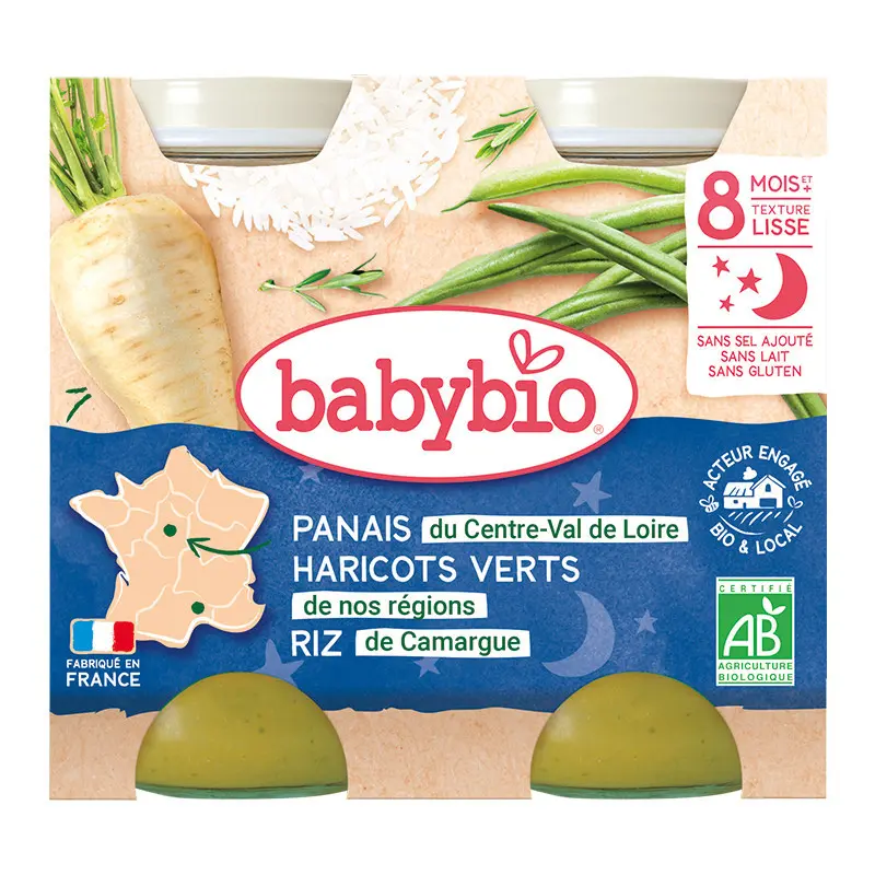 xx Babybio Panais du Centre-Val de Loire Haricots verts de nos régions Riz de Camargue Petits pots 2x200g