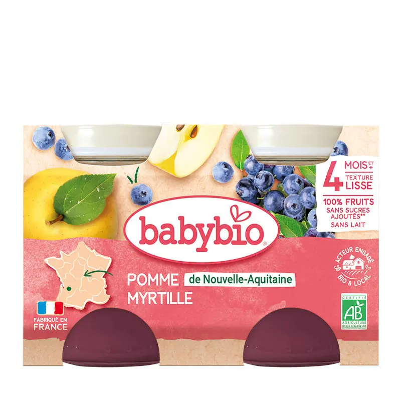 xx Babybio Petit pots sucrés Pomme de Nouvelle-Aquitaine et Myrtille  2x130g