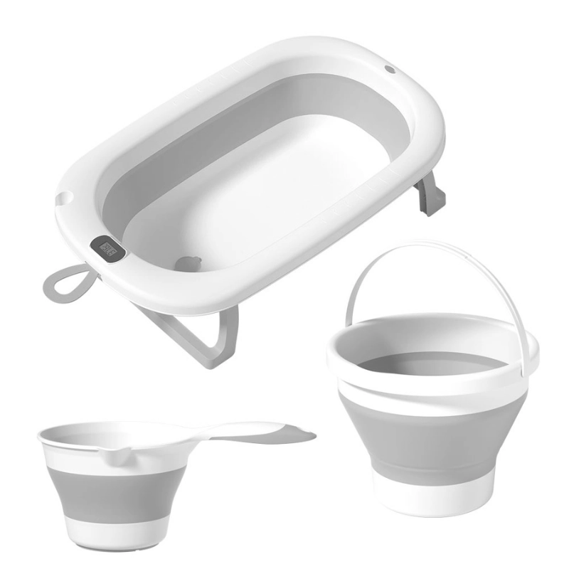 xx Baignoire Bébé Pliable avec Seau et Gobelet  3 en 1 Gris