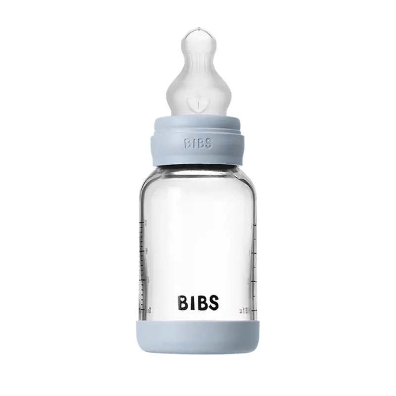 Biberon en Verre 120ml avec Tétine en Silicone Débit Lent - Baby Blue