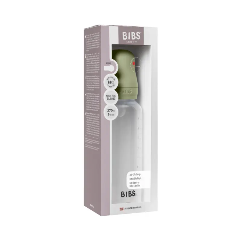 Biberon rond en silicone, 270 ml, débit moyen, couleur sauge - BIBS