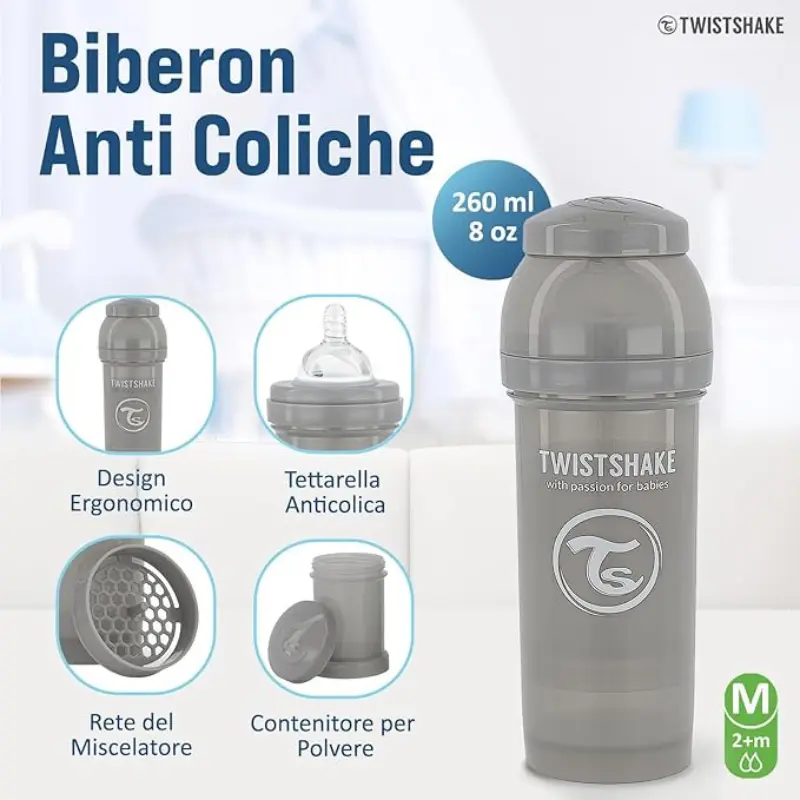 Biberons Anti-Coliques Twistshake 260ml Gris – 2m+