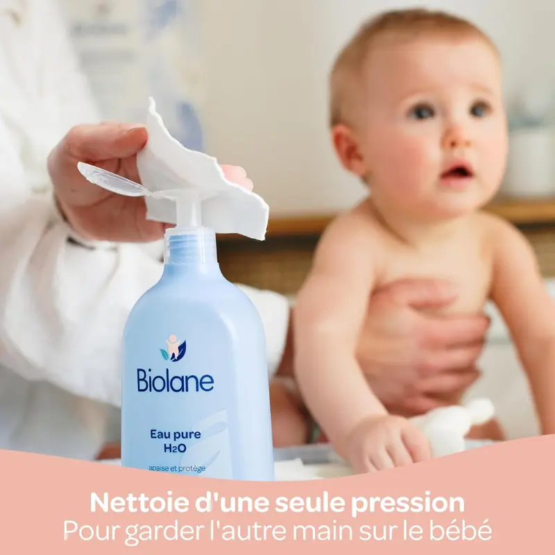 BIOLANE Eau Pure H2O 350ml Nettoyant Doux pour Visage, Corps et Siège Bébé Sans Rinçage