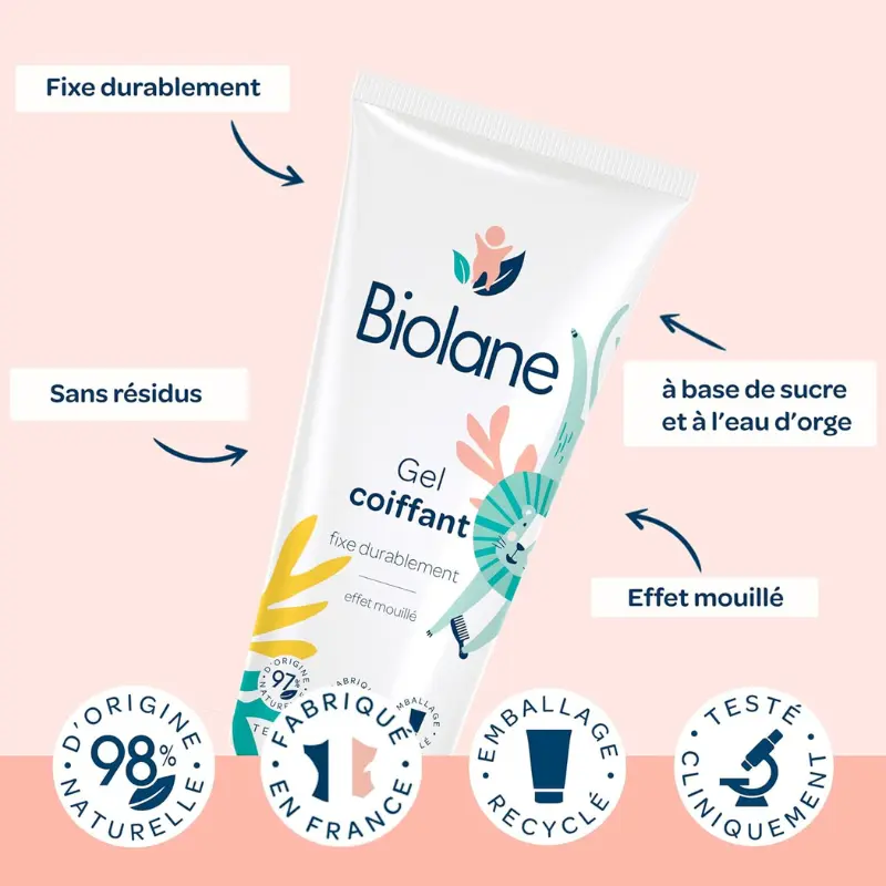 BIOLANE Gel Cheveux Coiffant Bébé 100ml Effet Mouillé et Fixation Douce pour Cheveux Fins