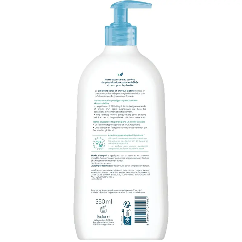 Biolane Gel Douche Bébé Corps et Cheveux 2 en 1 350ml Doux, Naturel et Peau Sensible