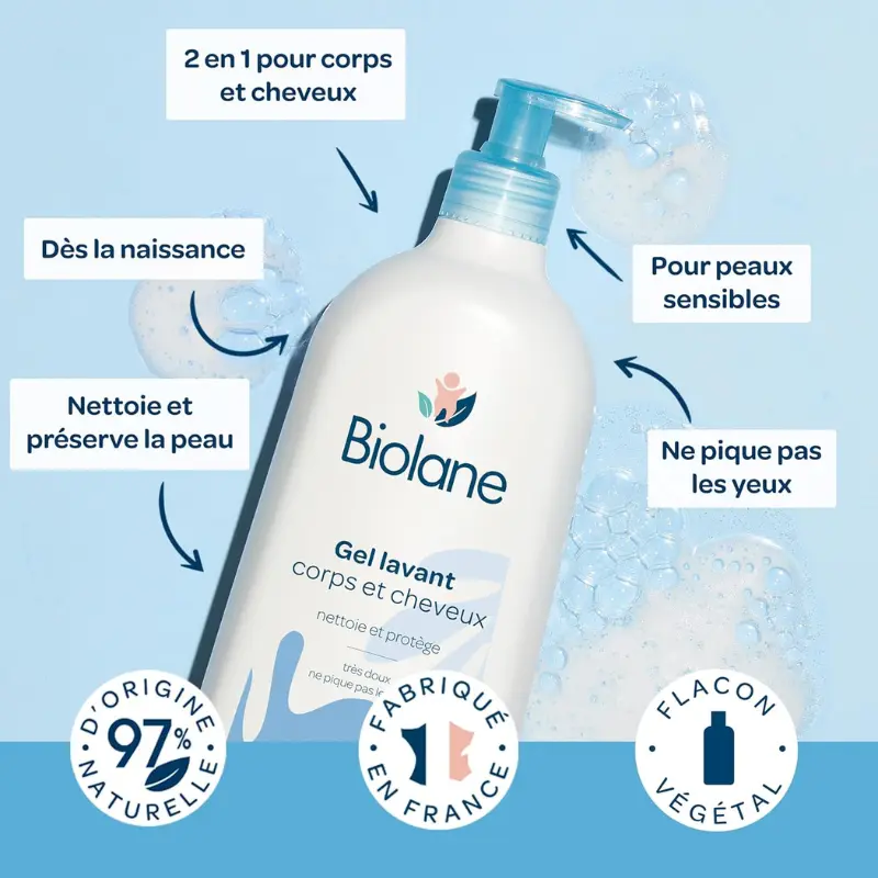BIOLANE Gel Douche Bébé Corps et Cheveux 2 en 1 750 ml 97% d’origine naturelle Doux pour les peaux sensibles