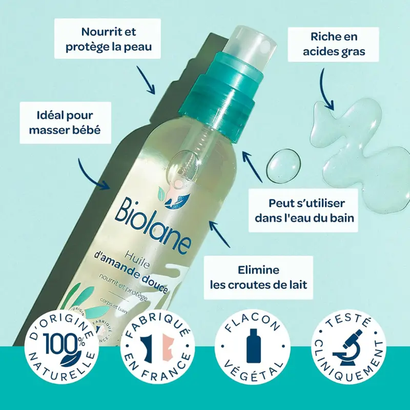 BIOLANE Huile d’Amande Douce Bébé 100ml Hydrate, Nourrit et Protège la Peau Fragile