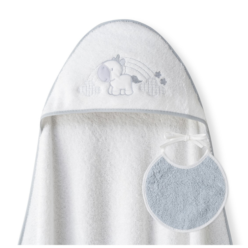xx Cape de bain 1x1  motif licorne et nuages ​​+ bavoir blanc gris