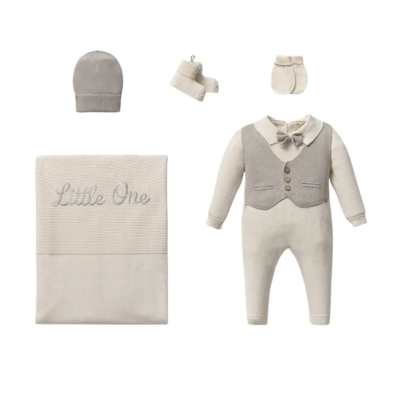 Ensemble Bébé 5 pièces Little One  Gris – Coffret Tricot Élégant Garçon 0 à 3 mois