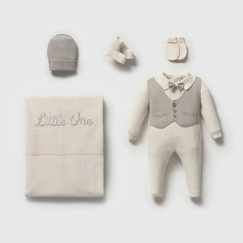 Ensemble Bébé 5 pièces Little One  Gris – Coffret Tricot Élégant Garçon 0 à 3 mois