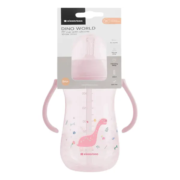 Gobelet PP avec paille en silicone 300 ml Dino World Rose