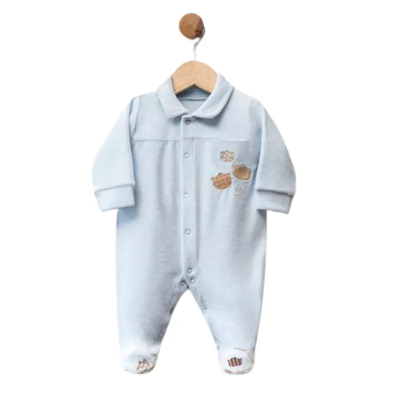 Grenouillère bébé en velours avec broderies d’oursons et détails dorés
