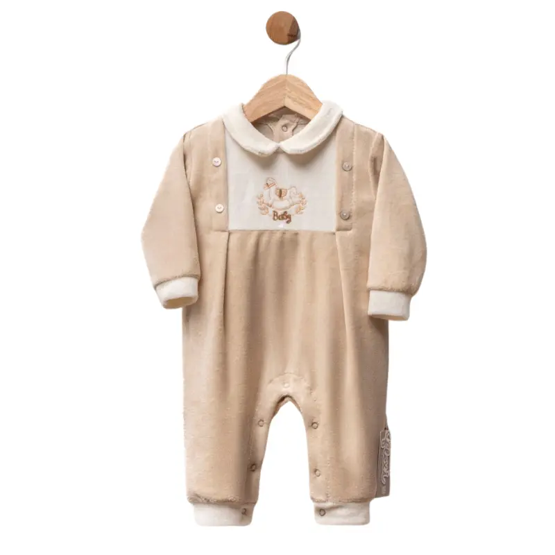 Grenouillère bébé en velours avec col blanc et broderie cheval à bascule