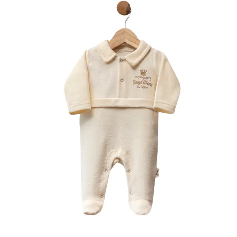Grenouillère bébé en velours avec col et broderie couronne
