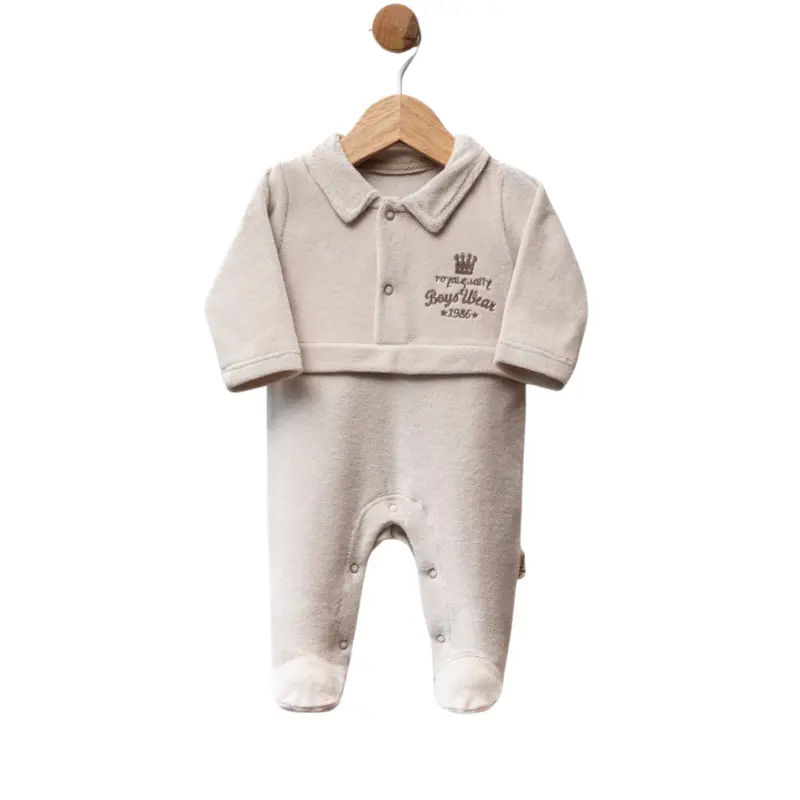 Grenouillère bébé en velours avec col et broderie couronne