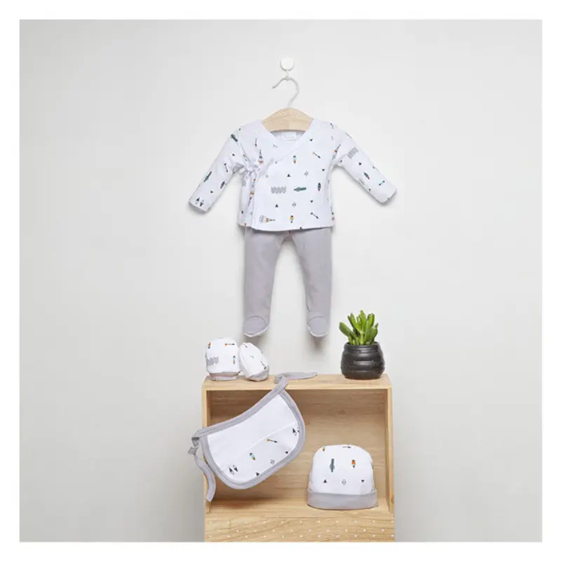 Interbaby Set 5Pcs Gris (Chemise+Pantalon+Gants+Bavoir+ChaussEttes) (0-6 Mois)