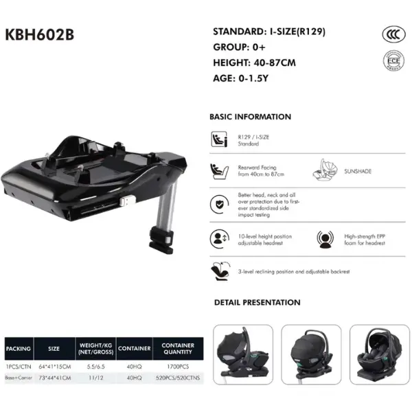 Kidilo Siège Auto Bébé KBH602B – Portable et Inclinable à Plat avec Base Isofix Gris