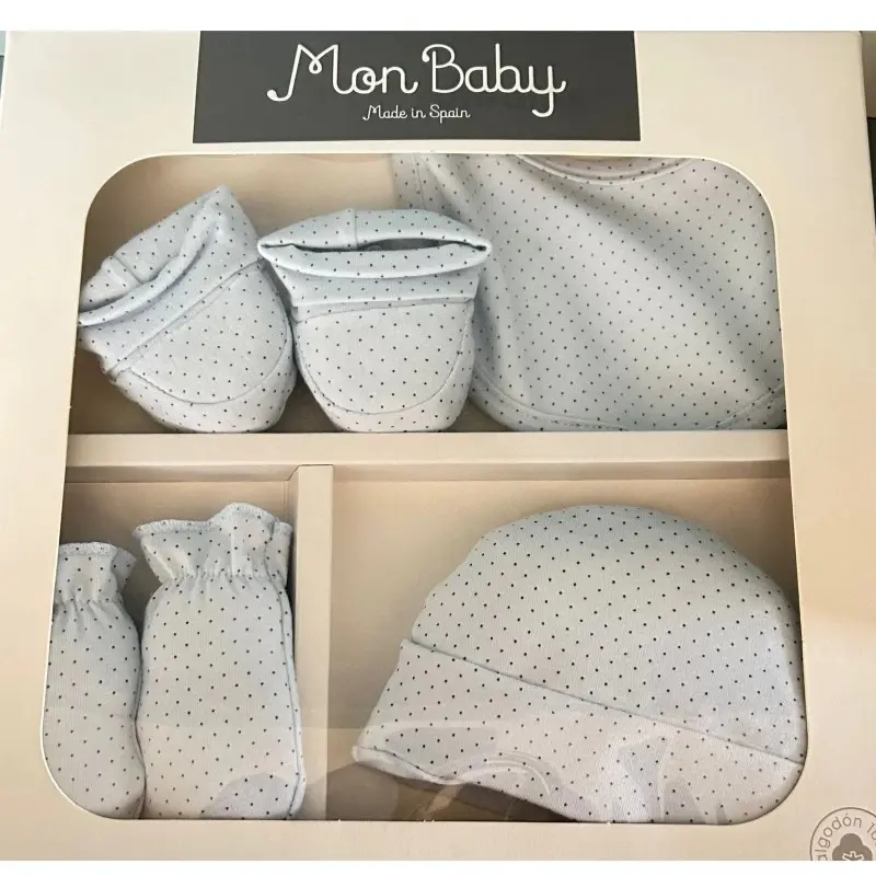xx MON BABY Set 4p (Bavoir+Gants+Chaussettes+Bonnet)dots bleu