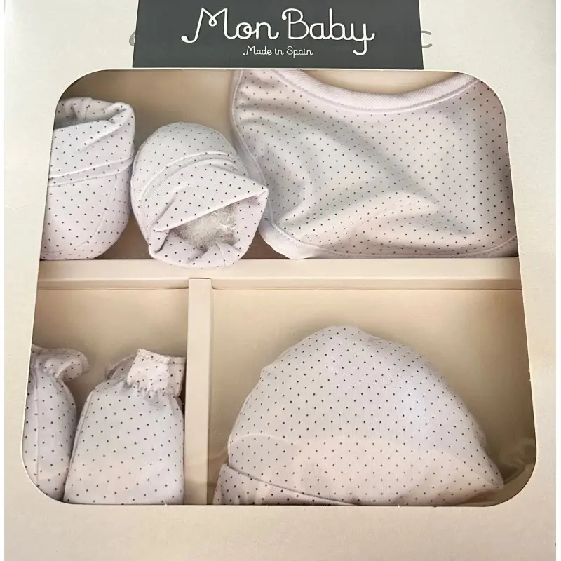 xx MON BABY Set 4p (Bavoir+Gants+Chaussettes+Bonnet)S4R dots B/beige