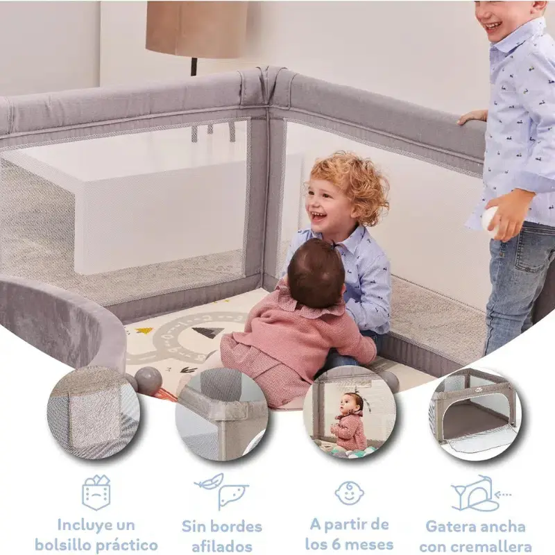 Parc de jeux bébé L 120x120 cm Gris Pliable avec Chatière et Fenêtre en Filet