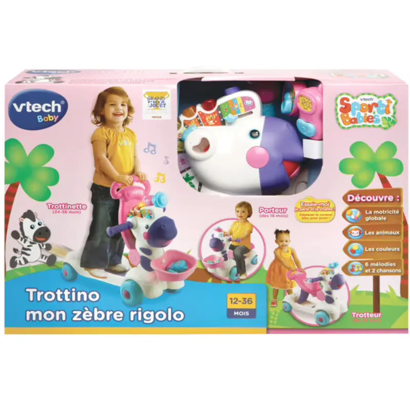 Porteur - Trottino mon zèbre rigolo rose