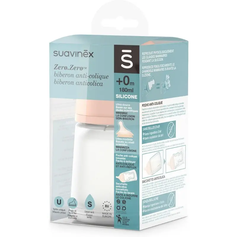 Suavinex, Biberon anti-colique Zero Zero avec tétine à débit lent (S)