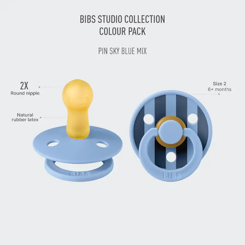 Sucette Bibs Colour Studio Lot de 2 – Ronde, Latex Naturel, Sans BPA – Bleu Ciel - Pin