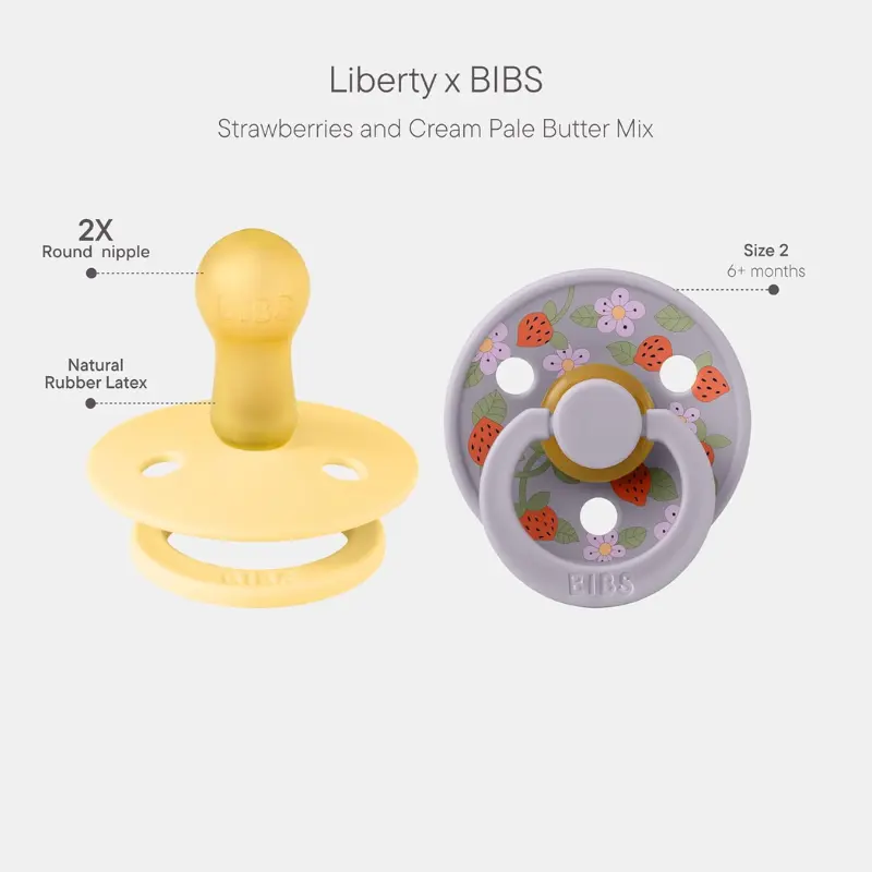 Sucettes BIBS Colour Liberty – Lot de 2, Tétine ronde en latex naturel, sans BPA – Fraises - Crème - Beurre clair