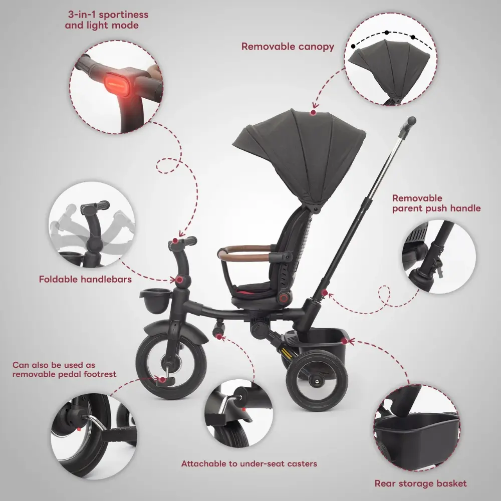 Tricycle pliable 7 en 1 pour enfants de 6 mois à 5 ans Gris