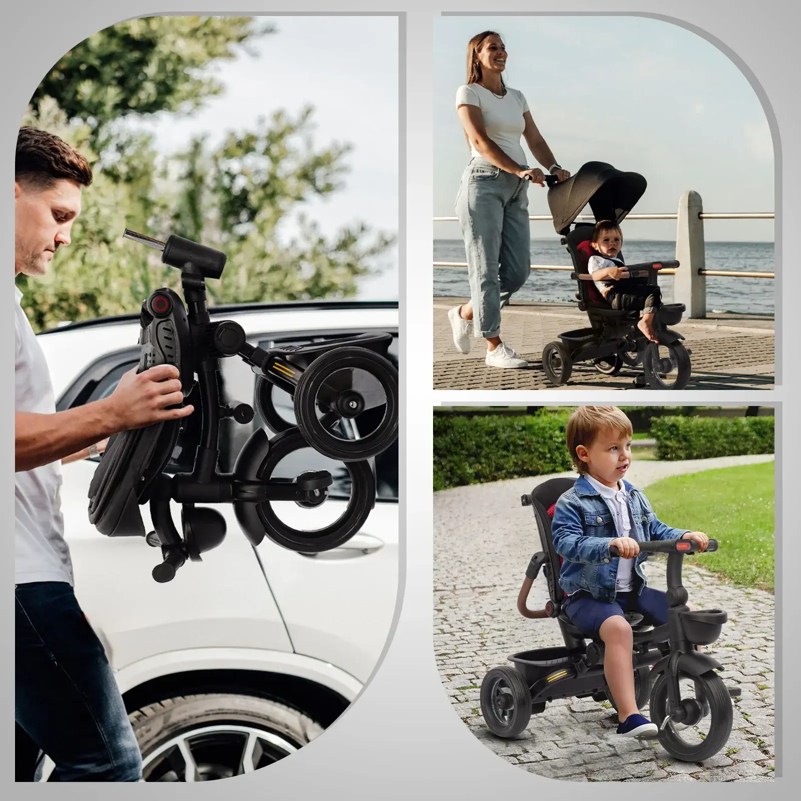 Tricycle pliable 7 en 1 pour enfants de 6 mois à 5 ans Noir