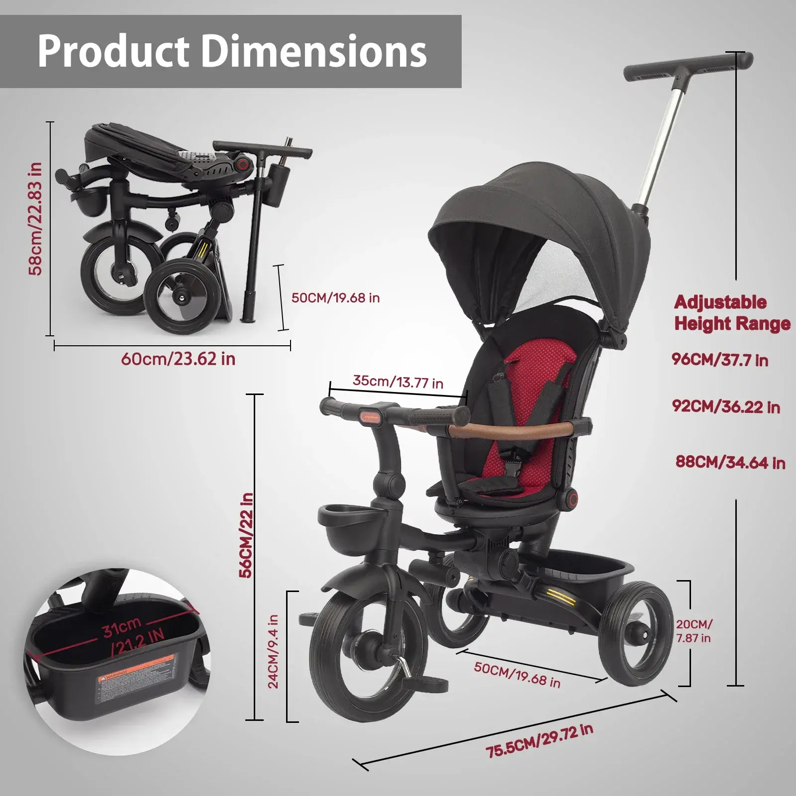 Tricycle pliable 7 en 1 pour enfants de 6 mois à 5 ans Rose